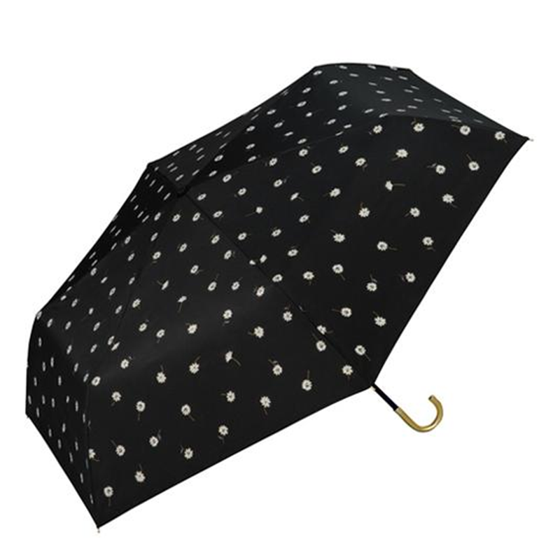 WPC. UV Blocking Gold Line Marguerite Daisy Pattern Mini Black Foldable Umbrella