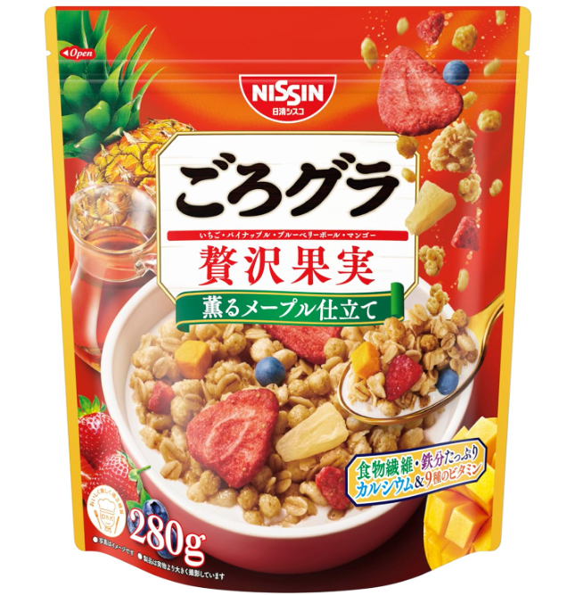 NISSIN GoroGra Fancy Fruit Granola Cereal with Aromatic Maple Syrup